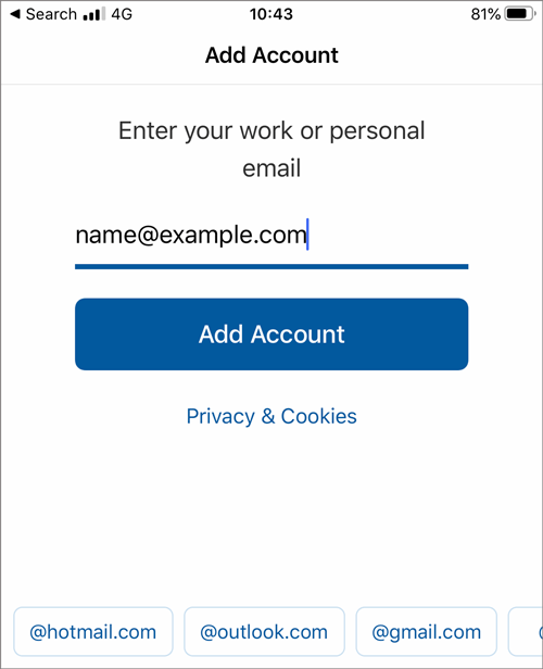 Outlook Mobile add account screen on iOS